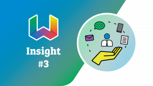 On a blue to green gradient background, is the Worktopia logo. Below it in white reads, "Insight: #3". A circle icon to the right depicts a cupped hand hovering below a business person who is surrounded by different communication methods.